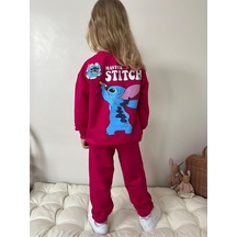 Cg Kids Stitch Temalı Sırt Baskı Detay Kız Çocuk 2 İplik Alt Üst Sweatshirt Eşofman Takım Pembe