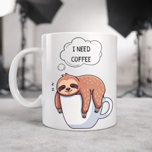 I Need Coffee Yazılı Tembel Hayvan Tasarımlı Kupa Model 236 Komik Seramik Kahve Kupası Çok Renkli