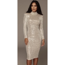 Hanife Glam Couture Balıkçı Yaka Uzun Kollu Midi Elbise Gümüş