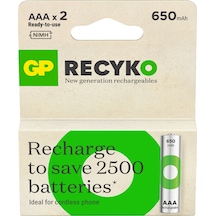 GP Batteries ReCyko 650 AAA İnce Kalem Ni-Mh Şarj Edilebilir Pil 1.2 Volt, 2’li Kart