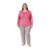 Pemilo Kadın 7257 Büyük Beden Uzun Kol Likralı Milan Pijama Takımı GÜL KURUSU