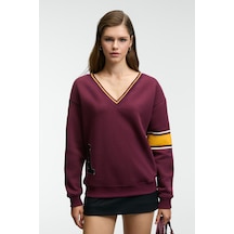 Grımelange Dıvıne Kadın V Yakalı Nakış Ve Patch Detaylı Bordo Sweatshirt Bordo