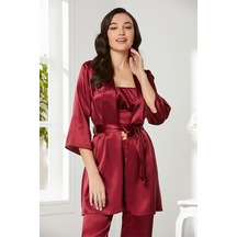 Pierre Cardin 2075 Kadın Saten Sabahlıklı Pijama Takım-bordo Bordo
