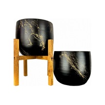 Bitki Tasarımı Siyah Üzeri Gold Mermer Efektli Toprak Saksı Saksılık Salon Çiçeklik İkili Set Ayaksız - 4 Ayaklı- 19 Cm