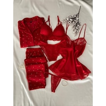 Mh Moony Homewears 6'lı Nürü Pijama İç Giyim Gecelik Çeyiz Seti Kırmızı