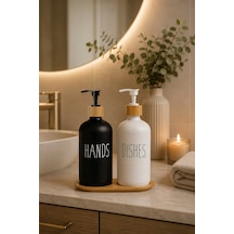 2 Li Beyaz Mutfak Sıvı Sabunluk Seti 500ml+500ml Bambu Tepsili