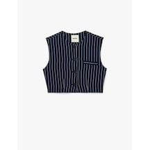 Koton Düğmeli Bisiklet Yaka Çizgili Crop Blazer Yelek Lacivert Çizgili 6sak20028pw 7s2