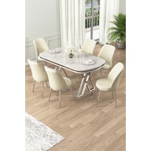 Canisa Lai Serisi 90x168 Lak Panel Beyaz Mermer Desen Krom Ayak Masa Takımı 6 Krem Sandalye Masa Beyaz Mermer Desen Detay Krom Sandalye Krem