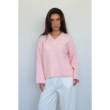 Madmext Pembe V Yaka Triko Kadın Kazak Mg2501 Pembe