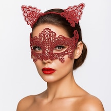 Romantik Kırmızı Dantel Maske Seti Kedi Kulaklı Taç Ve Maske 3 No - Yqbx-718659 Renkli