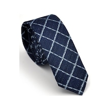 Gaffy Mavi Kare ve Kırcıllı Desenli Lacivert Dokuma Kumaş Mendilli Slim Fit Kravat // Sdk230912 Lacivert - Mavi