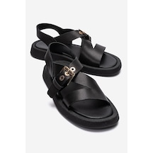 Luvishoes Rıven Siyah Cilt Hakiki Deri Tokalı Kadın Sandalet
