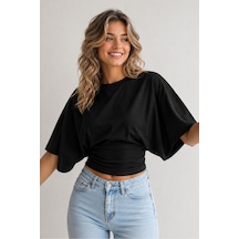 Overmax Bele Oturan Oversize Kollu Premium Crop Bluz Siyah - 880759104 Siyah