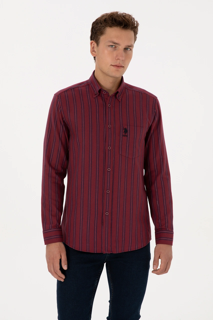 U.S. Polo Assn. Erkek Bordo Uzun Kollu Siyah Çizgili Gömlek 50308505-VR014