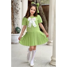 Riccotarz Kız Çocuk Göğsü Fiyonk Detaylı Eteği Pliseli Açık Yeşil Elbise 001