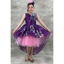 Riccotarz Kız Çocuk Çiçek Desenli Tül Detaylı Kuyruklu Saten Mor Elbise 001
