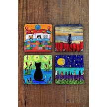 Doğaltaş Bardak Altlığı 4'lü Set - 10x10x1 Kedi Baskılı - Stone Coasters Çok Renkli