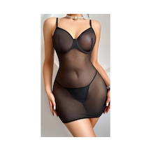 Lily Bianca Nightwear Transparan Mini Elbise Ve Tangalı Arka Tarafı Bağcık Detaylı Fantezi Kostüm Siyah