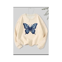 Herkesemoda Kelebek Desen Detaylı Bisiklet Yaka İçi Polarlı Sweatshirt Bej