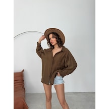 Kadın Kahverengi Düz Oversize Modal Gömlek