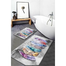 Buççin Online Mağaza Soho Renkli Etnik Tüyler Desenli Yıkanabilir Kaymaz Taban 2li Banyo Halısı Paspas Klozet Takımı Mikr Çok Renkli