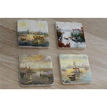 İstanbul Manzaraları Doğal Taş Bardak Altlığı 4'lü Set - Natural Stone Coasters-174276 Çok Renkli