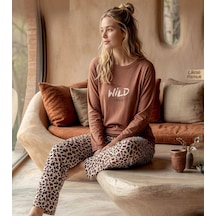 Pijamoni Kadın Likralı Pamuklu Bisiklet Yaka Uzun Kol İnce Pijama Takımı 1300/4 - 1 Adet Kahverengi