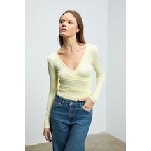 Grımelange CALLORIA Kadın V Yakalı Uzun Kollu Slim Fit Sarı Bluz