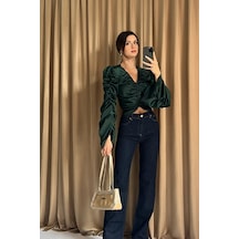 Klex Büzgü Detaylı Drapeli Saten Uzun Kollu Kadın Crop Bluz-beyaz - S Yeşil