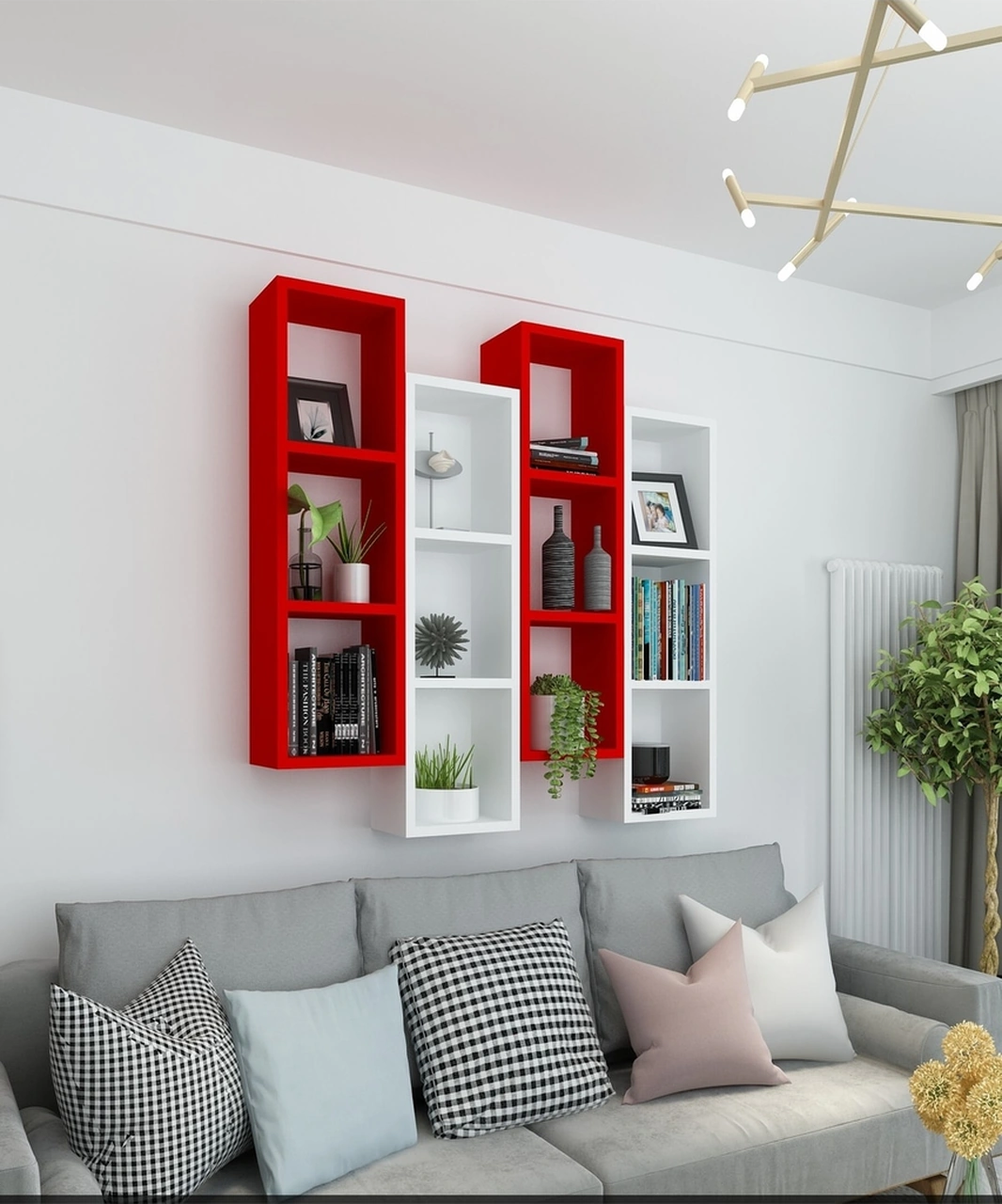 Kitaplık Modern Ev Duvar Rafı Kırmızı Beyaz 4 Lü Takım Kırmızı-beyaz