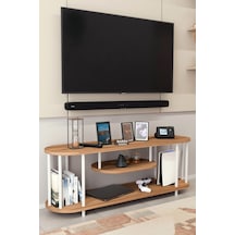 Modern Tv Ünitesi Ahşap Raflı 2 Katlı Televizyon Sehpası Minimalist,dayanıklı, Tv Standı Beyaz Demir Atlantik Çam
