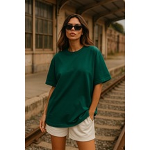 Kadın Yeşil %100 Pamuk Oversize Basic Tişört Rahat Kalıp Relaxed Bisiklet Yaka T-shirt Çok Renkli