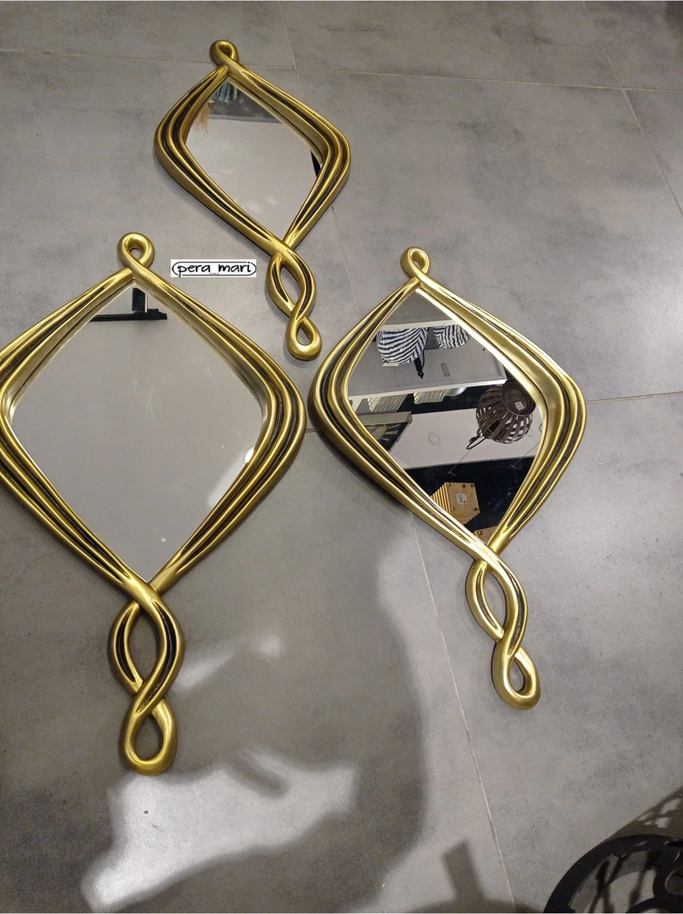 Dekoratif Polyester Üçlü Damla Burgulu Lüks Salon Ayna Takımı Gold-siyah Eskitme