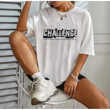 Unisex Beyaz Pamuklu Rahat Kesim Oversize T-shirt Challenge Baskılı Beyaz
