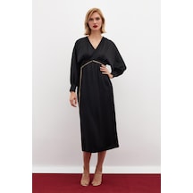 Sateen Zincir Kemerli Saten Elbise - Siyah