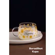 Porsima 2089 Borosilikat Isıya Ateşe Dayanıklı Cam Kulplu Çay Bardağı Kahve Bardak Kupa Sarı 400 Ml Şeffaf