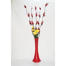 60 Cm Desenli Kırmızı Vazo 5 Adet Kırmızı Üzüm Çiçek Sarı Gül