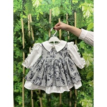 Büzgü Kol Broş Detaylı Gri Triko Pamuk Kız Çocuk Bebek Elbise 001