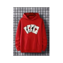 Medinenur İskambil Kart Desenli Kapüşonlu Sweatshirt Kırmızı