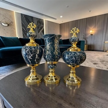 Emerald Black Marble Dekoratif Vazo & Obje Seti Gold Detaylı Lüks Salon Aksesuarı 3 Lü