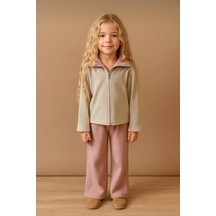 Kız Çocuk Rib Kumaş Fermuarlı Üst & Geniş Paça Alt Takım Bej / Gül Kurusu 1411 Karışık