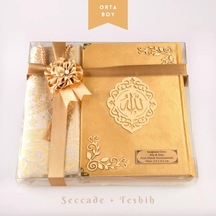 Seccade + Tesbih + Kuran Hediye Seti Orta Boy, Kadife, Gold, Lafzatullah