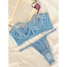 Arinda Candice Mavi Çiçek Desenli Brode İşlemeli Tek Renk Balenli Kapsız Askıları Çıkarılabilir Bralette Sütyen Tanga Alt Üst İç Çamaşırı Takımı 2 Parça