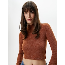 Koton Crop Tişört Uzun Kollu Dik Yaka Kahverengi 4sak50329ek 4SAK50329EK517 Kahve