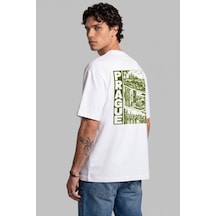 Black Nova Oversize Baskılı Unisex Tişört Prague Stamp Beyaz