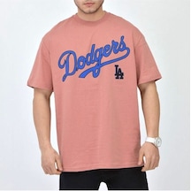 Flood Of Style Erkek Pudra Dodgers Baskılı Oversize Bisiklet Yaka Tshirt Pembe