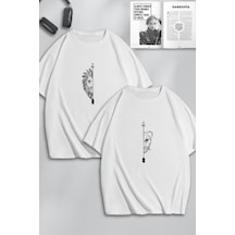 Unisex Kadın Erkek Aslan Ok Baskılı Sevgili Çift Kombini Tasarım Oversize Tshirt 2li Beyaz Mck0206 Beyaz