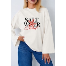 Medinenur Kadın Deniz Yıldızı Salt Water Baskılı Geniş Kollu Oversize Body Ekru