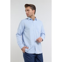 İmza Mavi Kendinden Desenli Sert Yaka Uzun Kol Cepli Comfort Fit Pamuklu Gömlek 1004255223