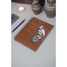 Kelebek Desenli Ahşap Kapaklı Defter - Günlük Anı Defteri Hediyelik Ahşap Rengi Ceviz